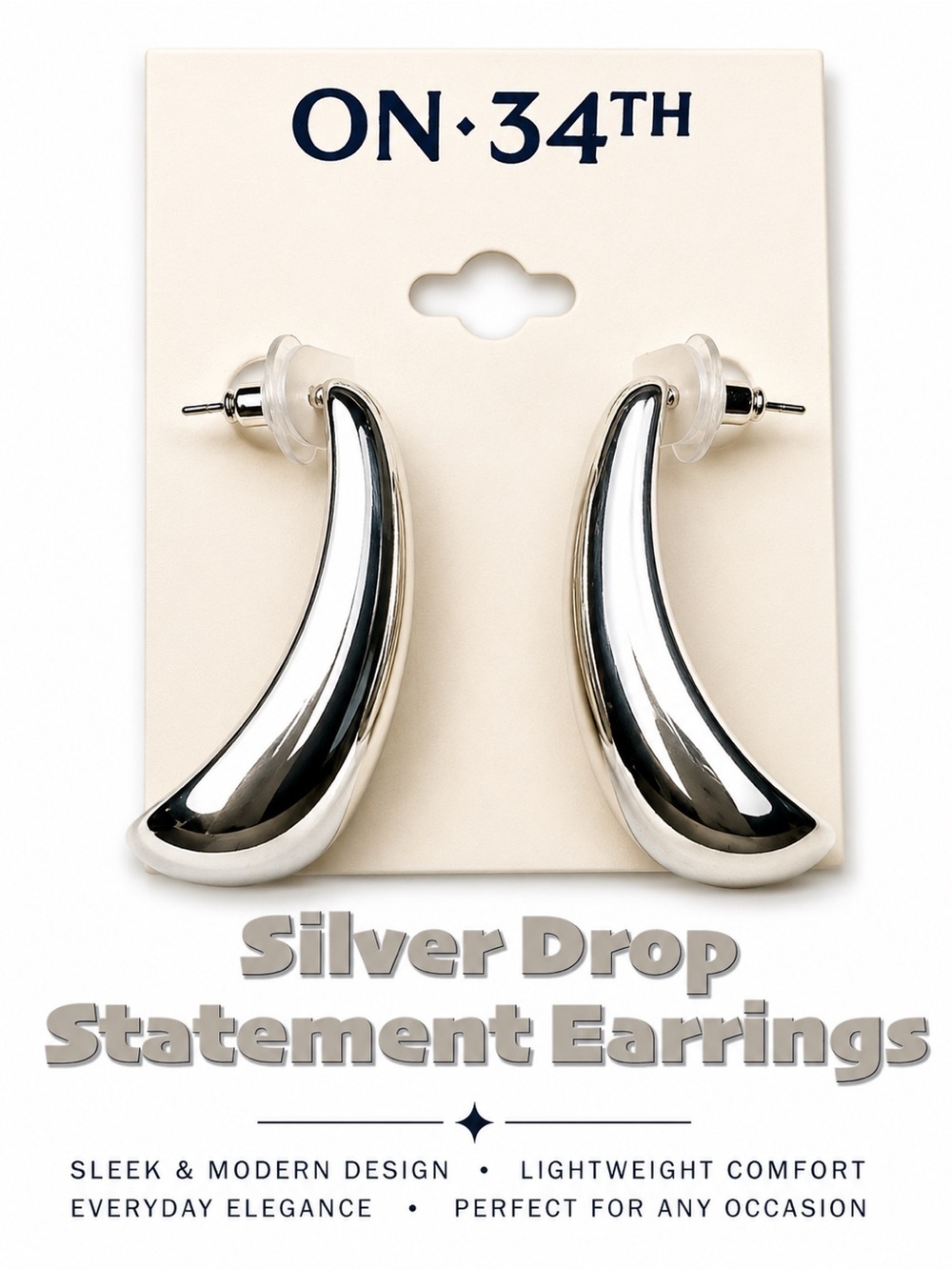 ON 34TH Silver Drop Statement Earrings